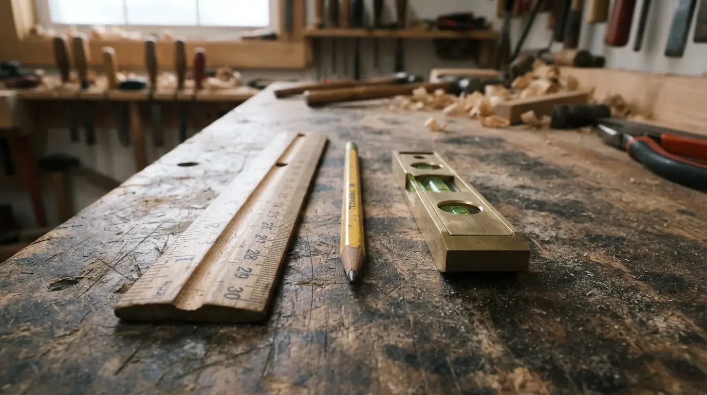 Ein Holzlineal, ein Bleistift und eine kleine Wasserwaage liegen nebeneinander auf einer Werkbank.