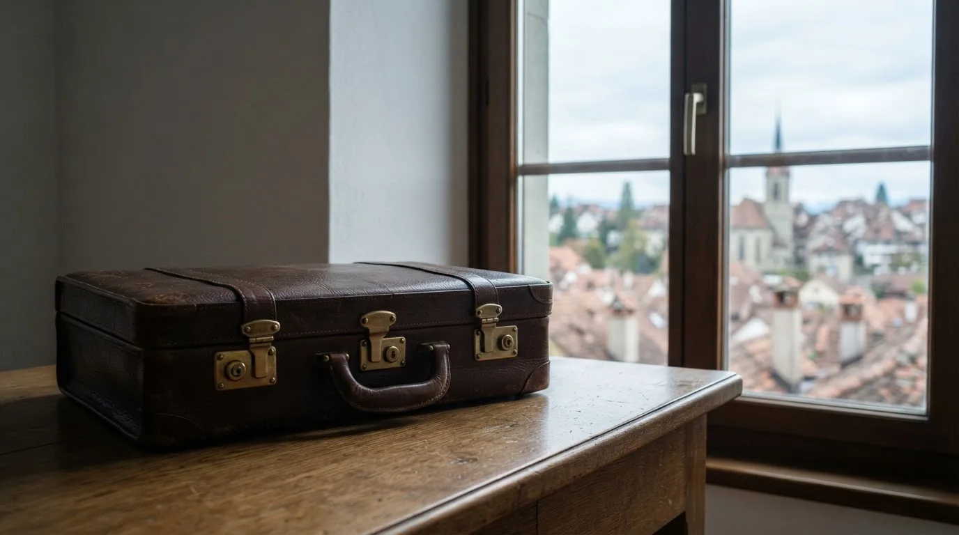 Eine geschlossene Aktentasche aus Leder auf einem Schreibtisch am Fenster mit Blick auf die Dächer einer Schweizer Kleinstadt.