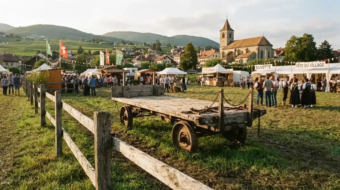 Ein Holzzaun und ein Heuwagen am Rand eines Festplatzes im Dorf, späte Nachmittagssonne und lange Schatten auf dem Gras.