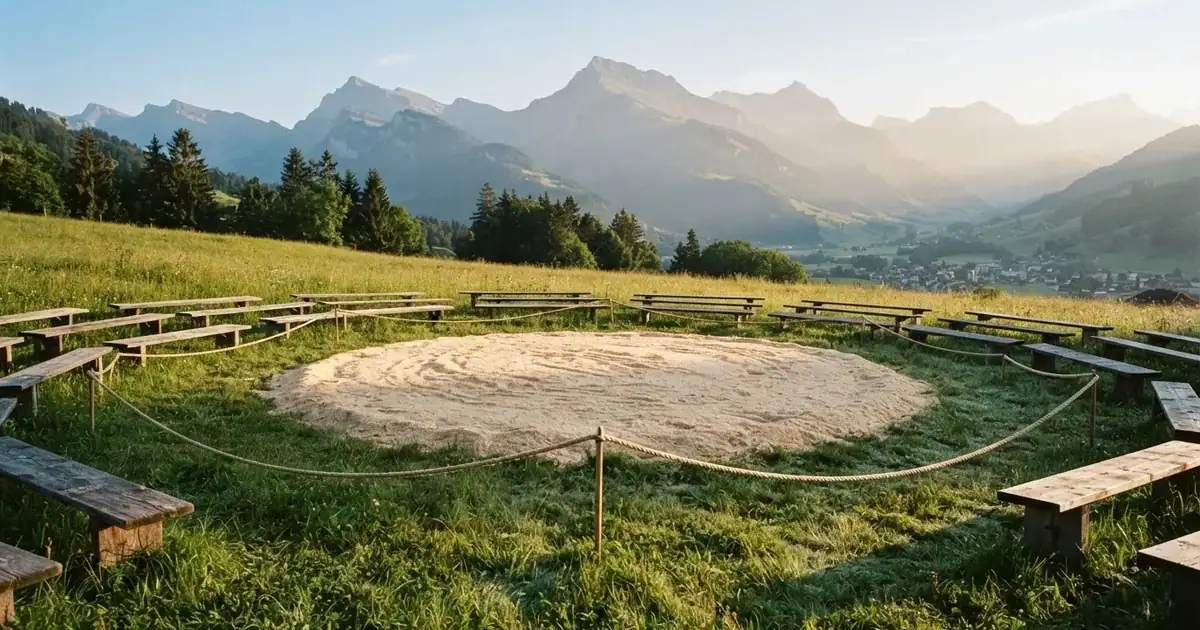 Ein kreisrunder Sägemehlring auf einer Wiese in den Voralpen, leere Holzbänke ringsum, im Hintergrund Berge im Morgenlicht.