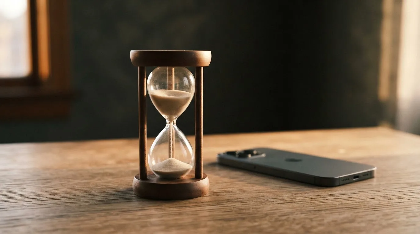 Eine Sanduhr steht auf einem Holztisch neben einem umgedrehten Smartphone, warmes Licht fällt von der Seite ein.